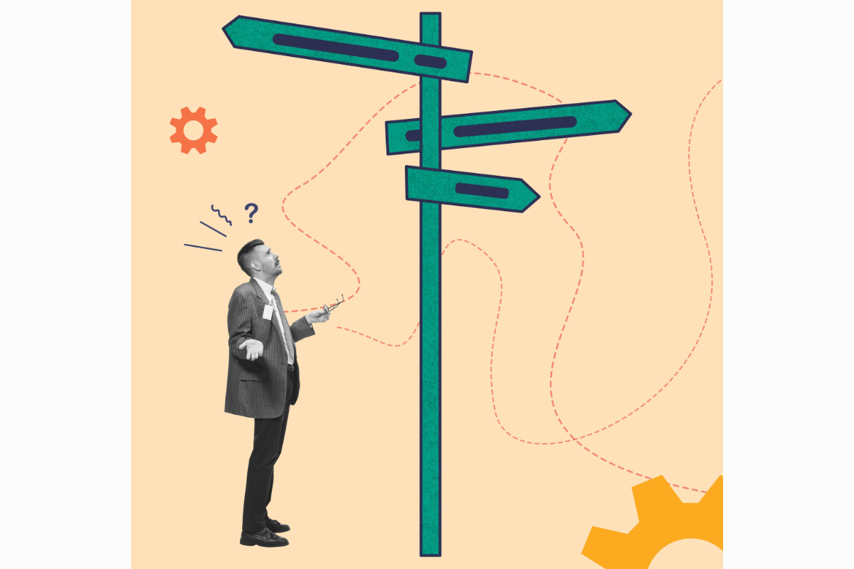 Businessman standing in confusion and despair in confusion before tall signpost with no clear direction. Uncertainty in decision-making and risks. Contemporary art. Risk management, business concept
