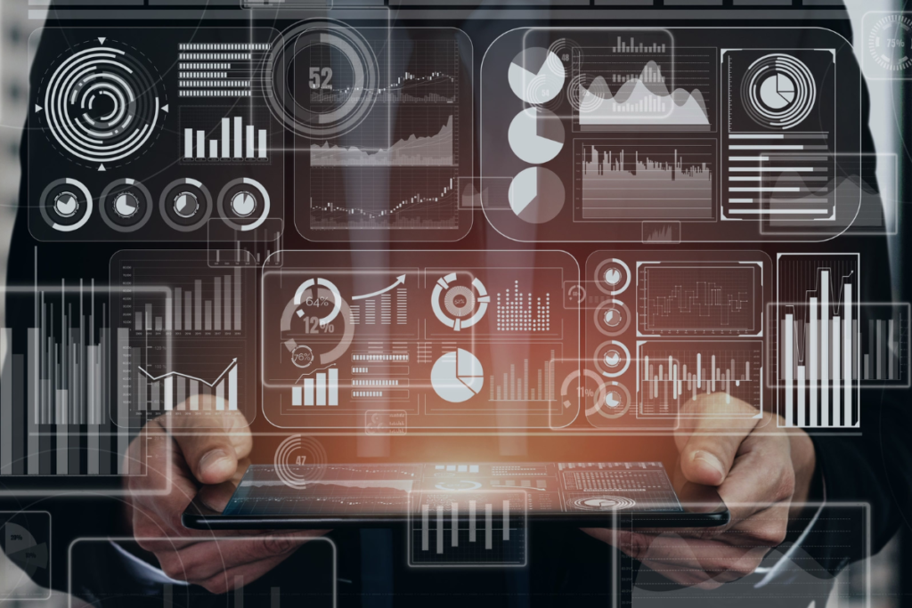 Data Analysis for Business and Finance conceptual. Graphic interface showing future computer technology of profit analytic, online marketing research and information report for business strategy.