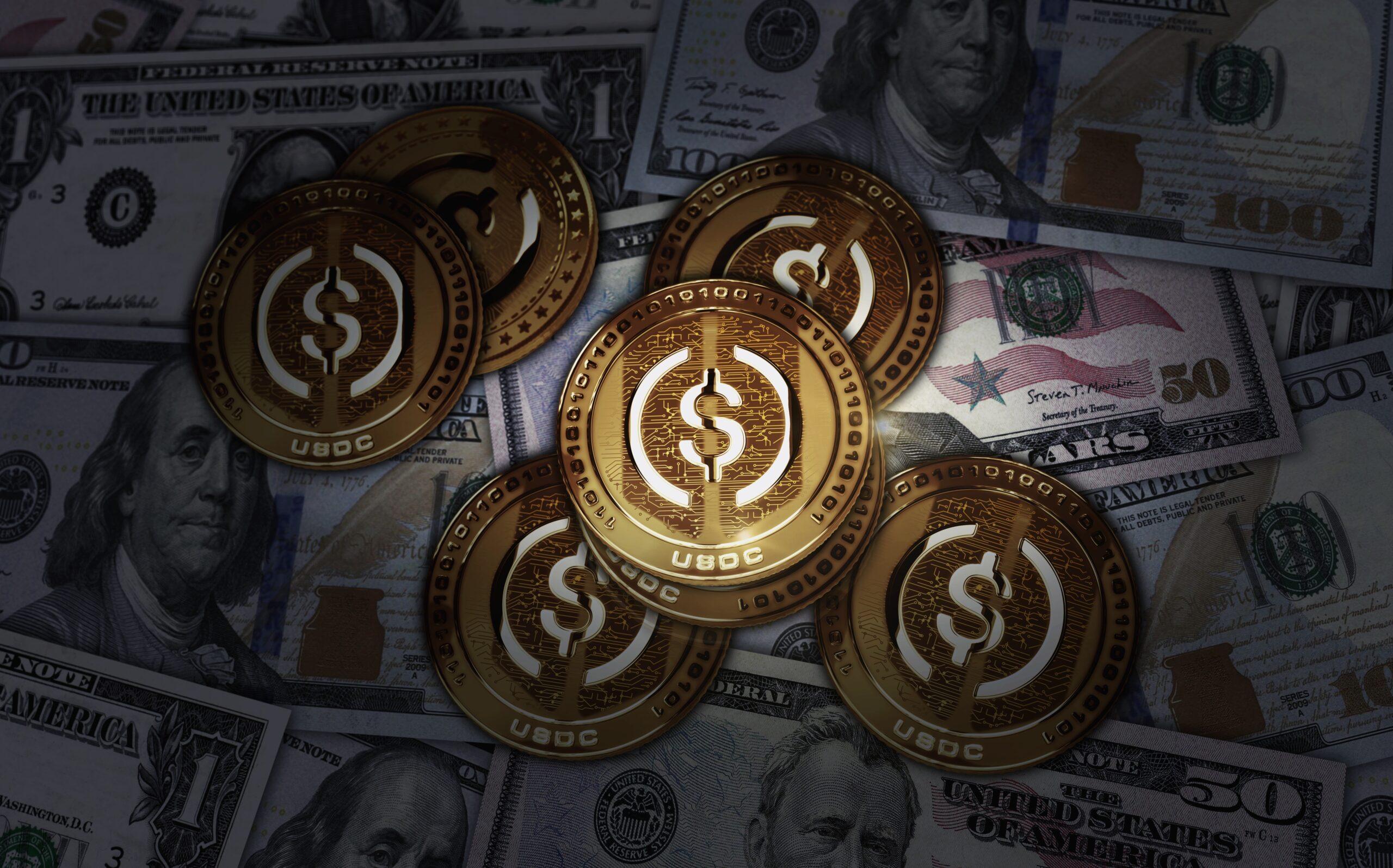 USDC USD Coin stablecoin cryptocurrency golden coin over Dollar banknotes. Online payment and crypto money transaction abstract concept 3d illustration.