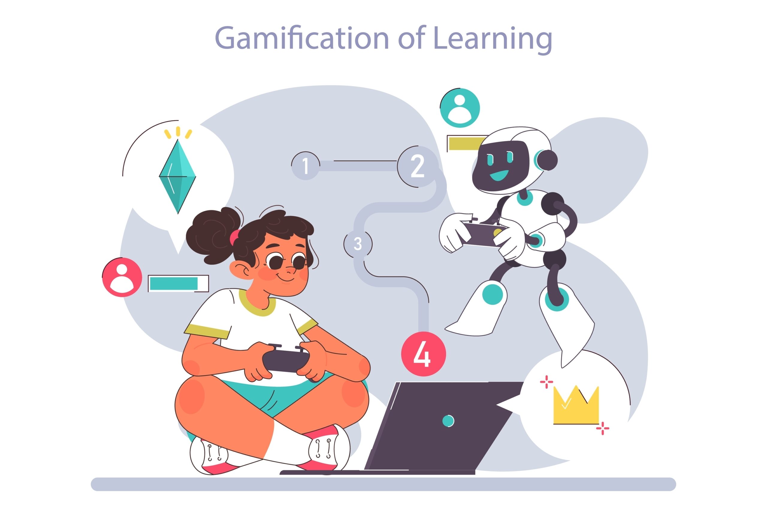 AI in children education. Little school girl gaining knowledge with help of artificial intelligence and gamification of education. School course study with virtual assistant. Flat Vector illustration