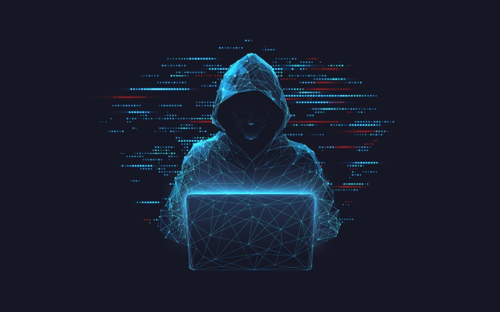 Abstract polygonal hacker with laptop on technology dark background. Cyber attack and cyber security concepts. Computer hacking. Digital technology. Man in hoodie. 3D low poly vector illustration.