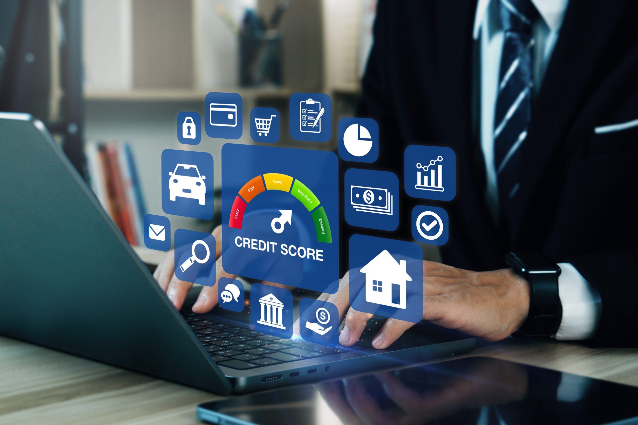 Credit score concept.Businessman evaluate customer statistical data with credit score icon. Online credit score ranking check. Loan, mortgage and payment cards.