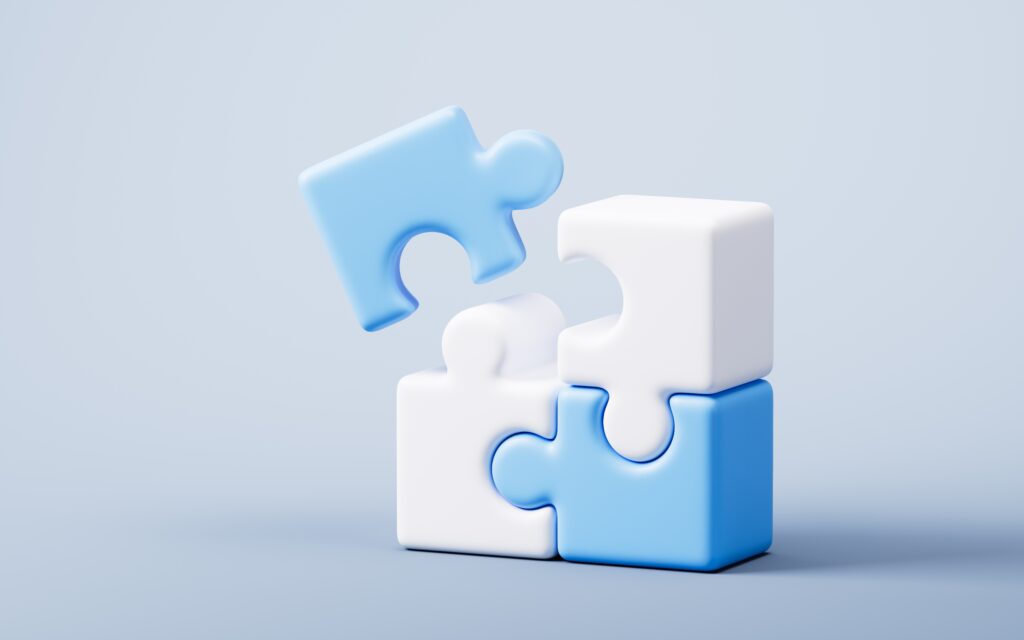 Puzzle pieces with business teamwork and collaboration concept, 3d rendering. 3D illustration.