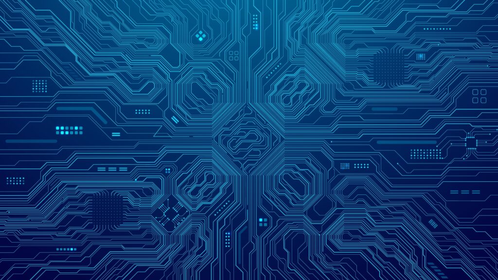 Abstract AI tech background with circuit board pattern. Circuit chip, semiconductor, electronics motherboard lines. Big Data, Software, and Artificial Intelligence concept. Digital vector illustration