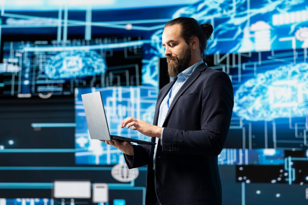 Engineer studying AI brain for data structures and predictive analytics, highlighting smart technology and machine learning for innovation and virtual intelligence. Algorithmic thinking.