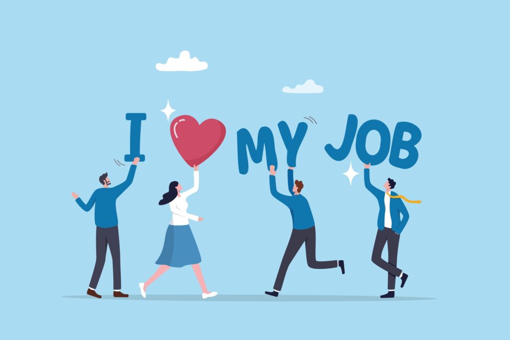 Employee satisfaction happiness, job quality feedback or work motivation rating, joy to work with coworker and company, businessman woman holding the word I love my job as employee satisfaction.