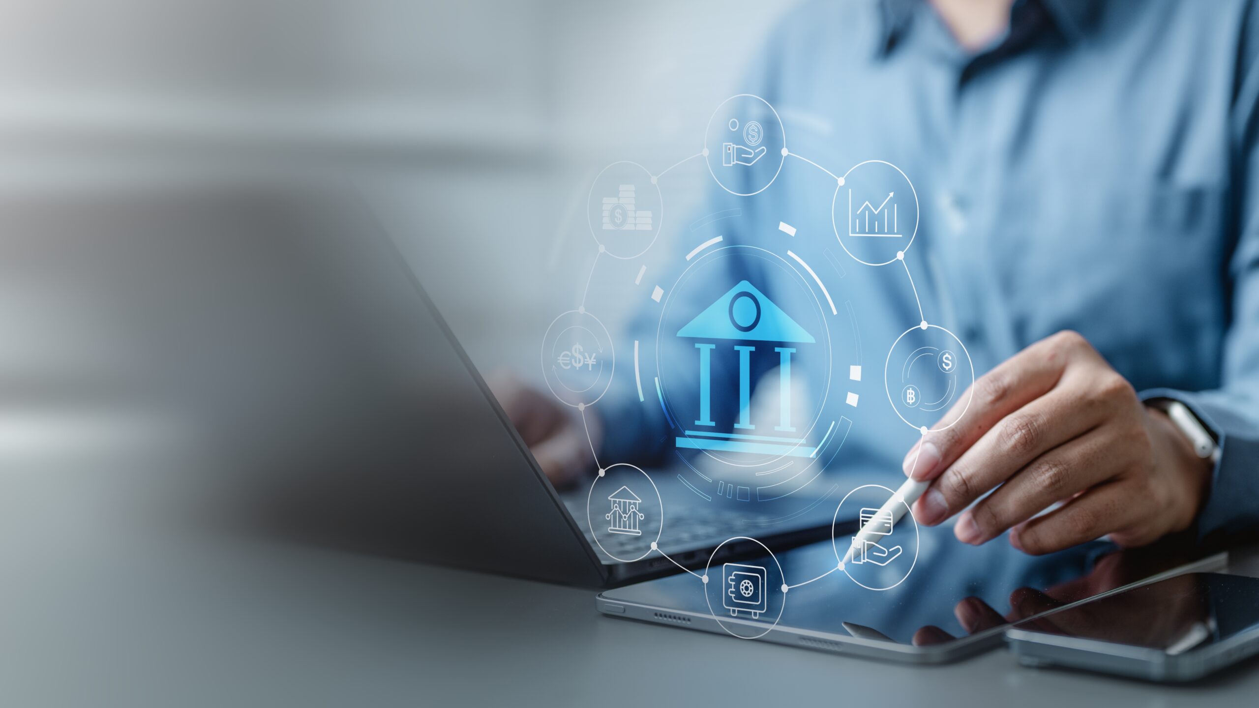 Banking service concept. Online banking money transfer. Deposit money finance. Transaction investment financial. Online payment technology. laptop tablet smartphone writing pen pointing.