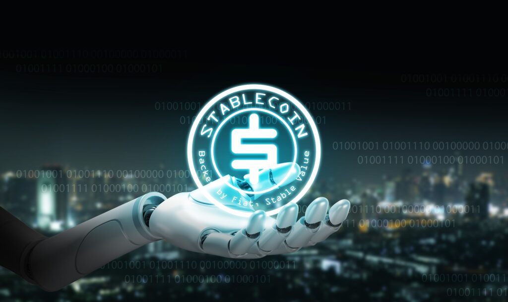 Futuristic robot hand presenting digital stablecoin hologram. Concept of artificial intelligence, digital currency, blockchain technology, and modern fintech financial innovation.