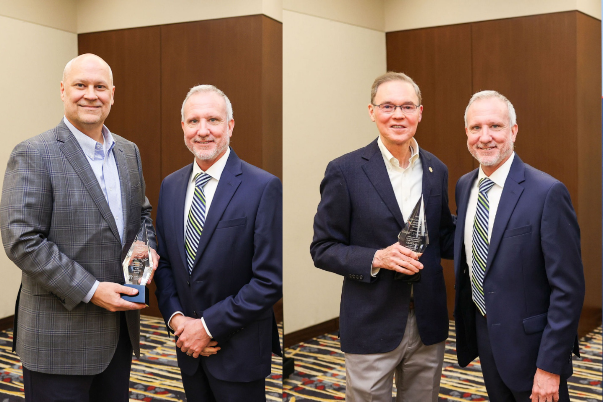 Iowa Credit Union League Senior Vice President of Advocacy and CEO of PolicyWorks Justin Hupfer and President and Chief Executive Officer of the New York Credit Union Association William J. Mellin pose with AACUL President Brad Miller after receiving AACUL’s 2026 Eugene H. Farley League Leadership Award.