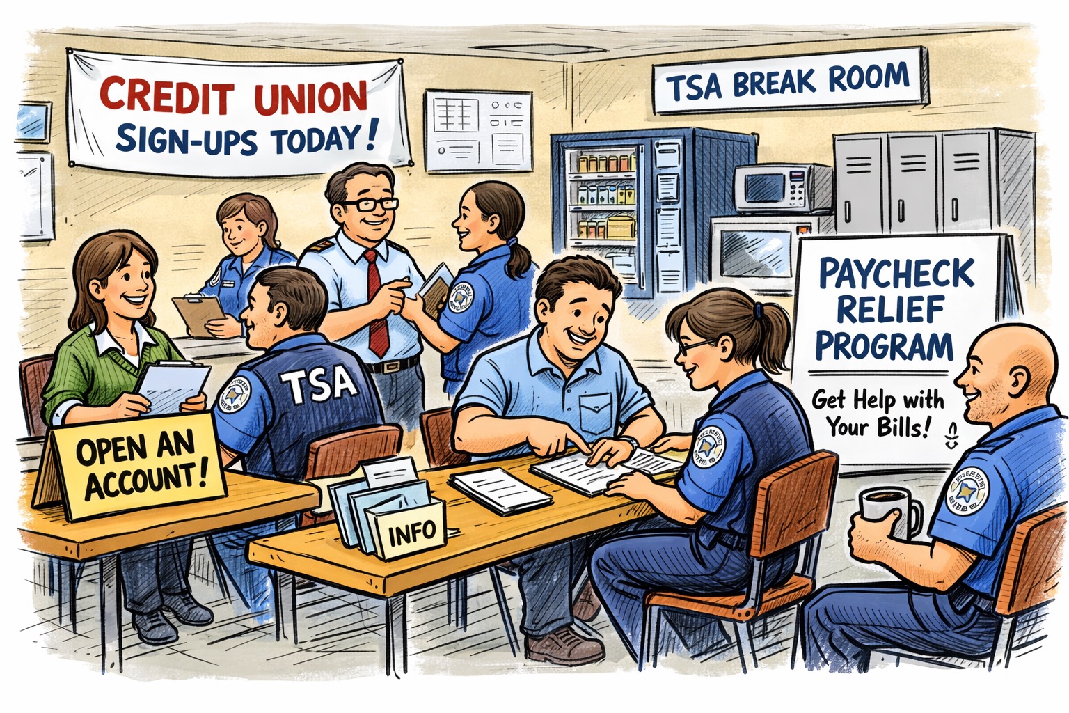 cartoon of credit union reps in a TSA break room signing up new TSA members and signing them up for paycheck protection