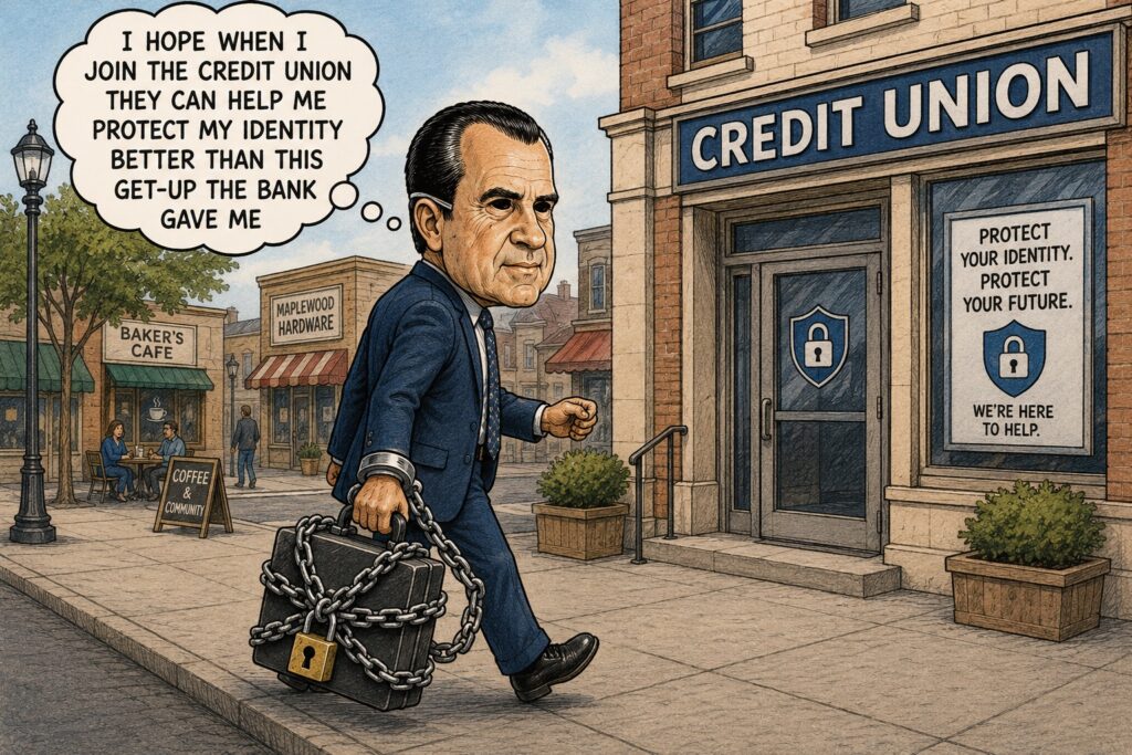 a horizontal sketch cartoon style of a man walking down a side walk in a town carrying a brief case that is hand cuffed to his wrist and the brief case is wrapped in a chain with a lock. he is waring an oversized Halloween mask that looks like the attached photo. he has a word bubble above him that says "I HOPE WHEN I JOIN THE CREDIT UNION THEY CAN HELP ME PROTECT MY IDENTITY BETTER Than THIS GET-UP THE BANK GAVE