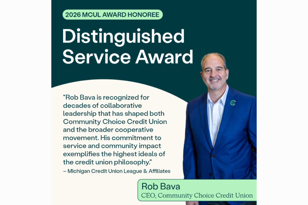 Distinguished Service Award by the Michigan Credit Union League (MCUL) announcement with photo of CEO Rob Bava