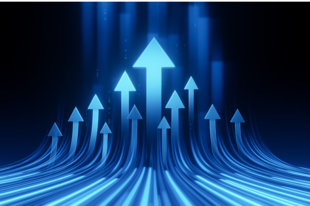 Abstract depiction of arrows moving upward on a dark background with blue lines. Symbolizes advancement, success, and upward trends in technology and data.