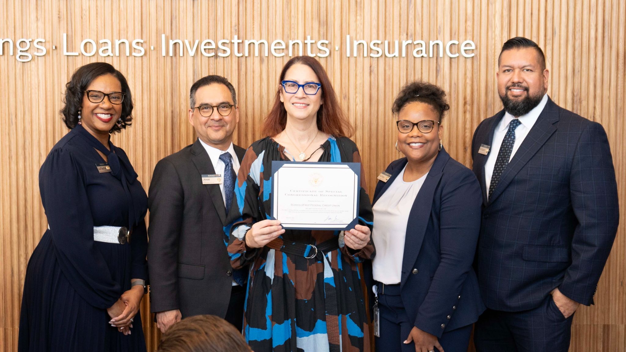 LaTasha Pitts, branch manager, Los Angeles Mid-City; Jose Lara, president, SchoolsFirst FCU; Congresswoman Laura Friedman; Ashley Franklin, VP, branches, SchoolsFirst FCU; and William DeLeon, SVP, branch operations, SchoolsFirst FCU.