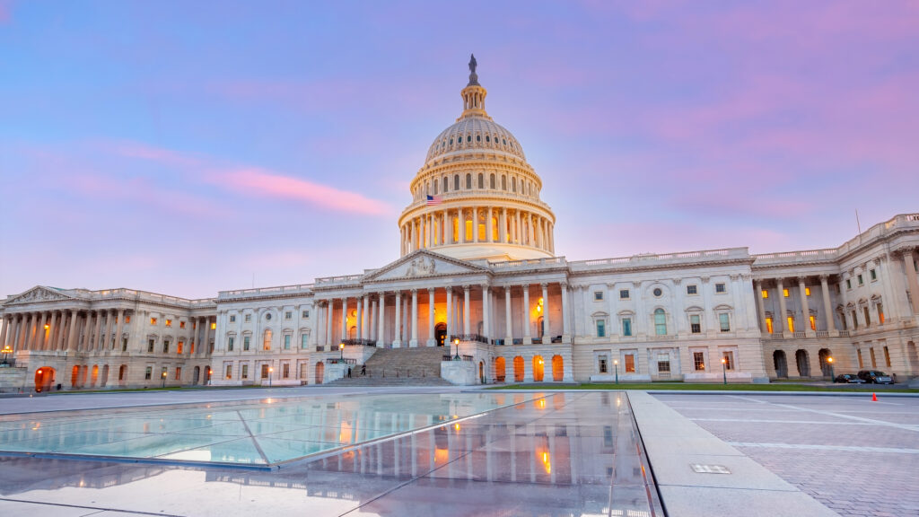 Sunset shot of The United States Capitol Building in Washington, DC. USA American landmark