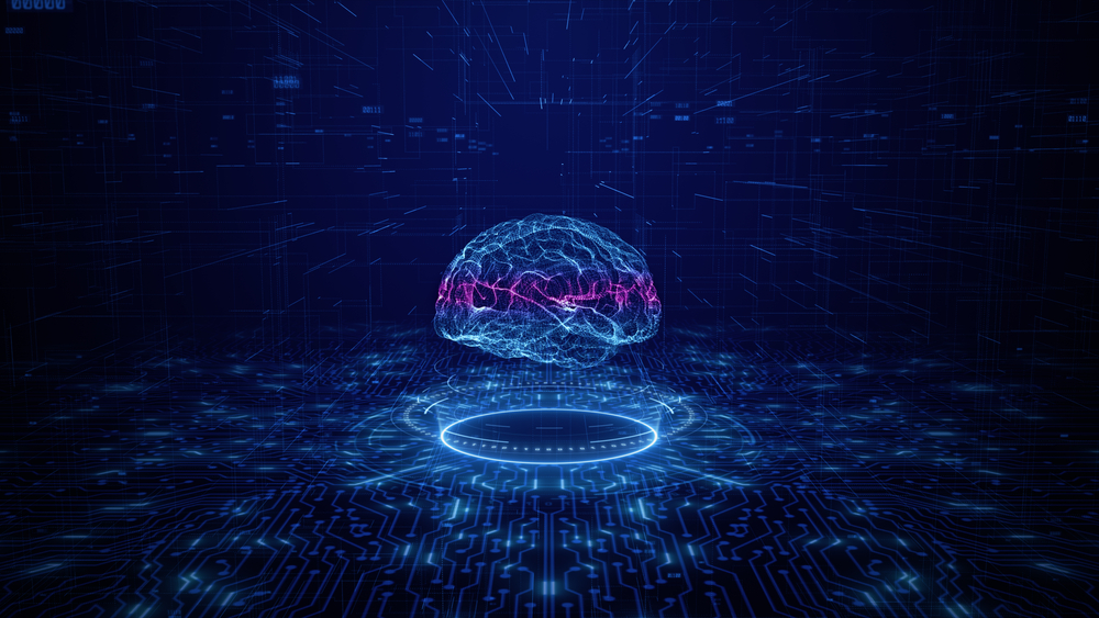 Digital brain floating over circuitry