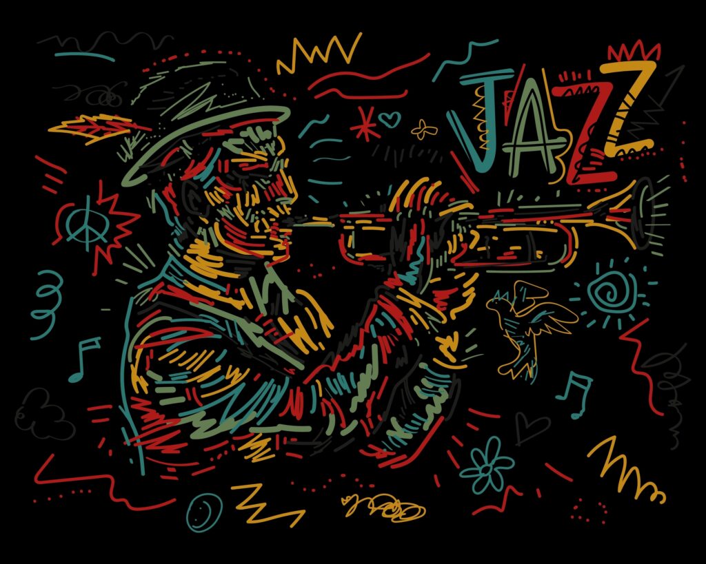 Vector illustration for jazz poster. Music festival. Trumpet player