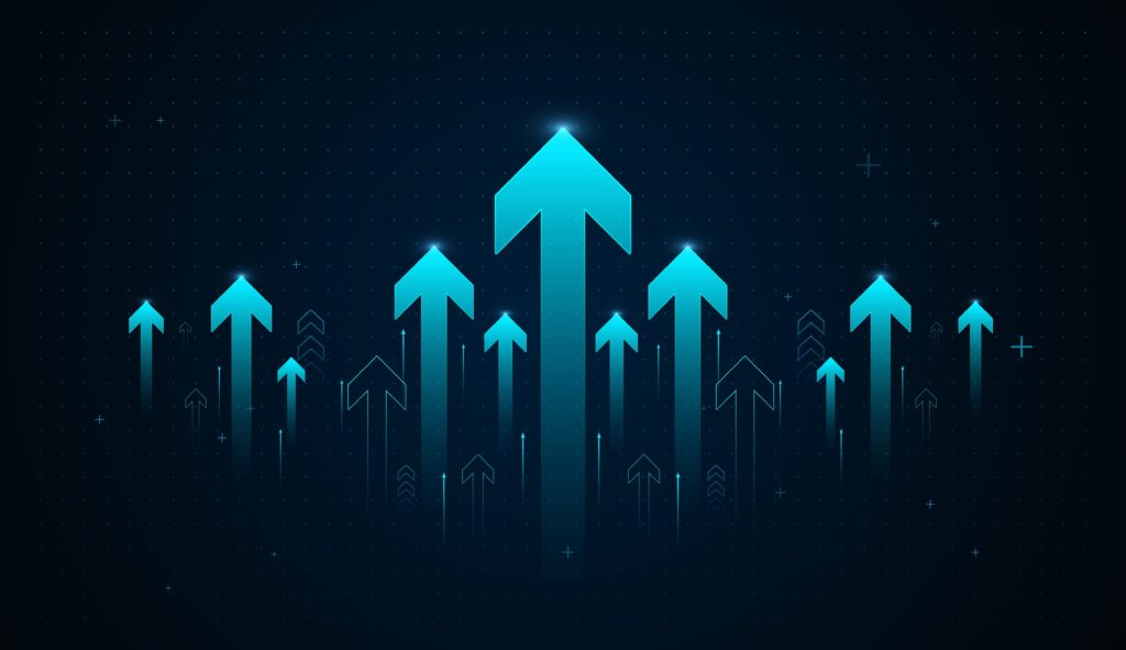 A digital background featuring glowing blue arrows rising upward, symbolizing technology growth, innovation, and increasing performance. Perfect for business, finance with glowing blue upward arrow