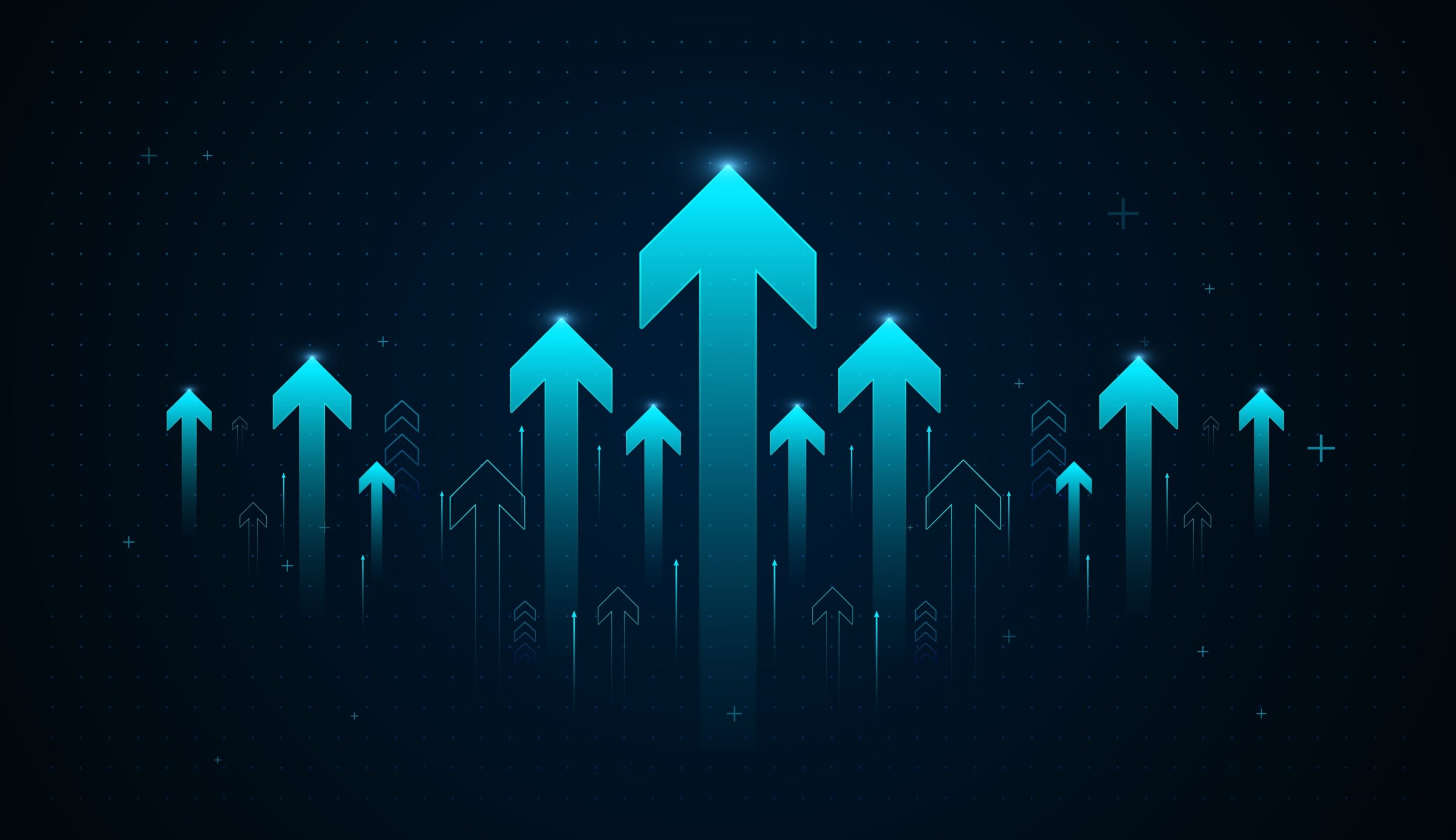 A digital background featuring glowing blue arrows rising upward, symbolizing technology growth, innovation, and increasing performance. Perfect for business, finance with glowing blue upward arrow