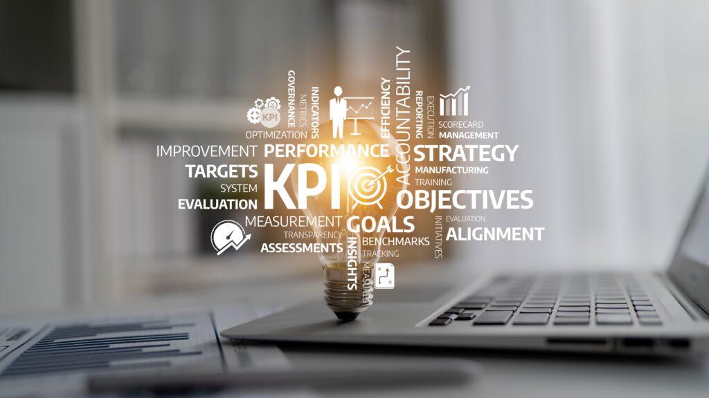 Illustration of business strategies and KPI concepts, emphasizing performance goals and objectives with a light bulb symbolizing creativity and innovation in a modern workspace. Tessel