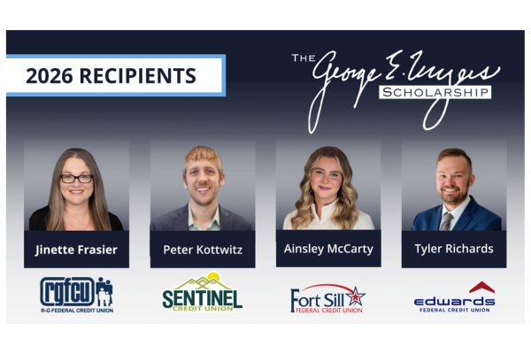 the 2026 George E. Myers (GEM) Scholarship winners: Tyler Richards from Edwards Federal Credit Union is diving into the Consumer & Residential Mortgage Lending School Peter Kottwitz at Sentinel Federal Credit Union snagged a spot at Credit Union Management School Jinette Frasier from R-G Federal Credit Union is also hitting up Credit Union Management School Ainsley McCarty of Fort Sill Federal Credit Union will tackle the Marketing & Business Development Certification School