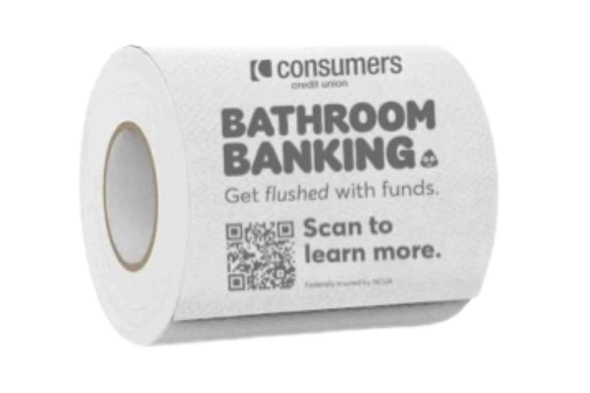 roll of toilet paper with bathroom banking and a QR code and Consumers Credit Union printed on it