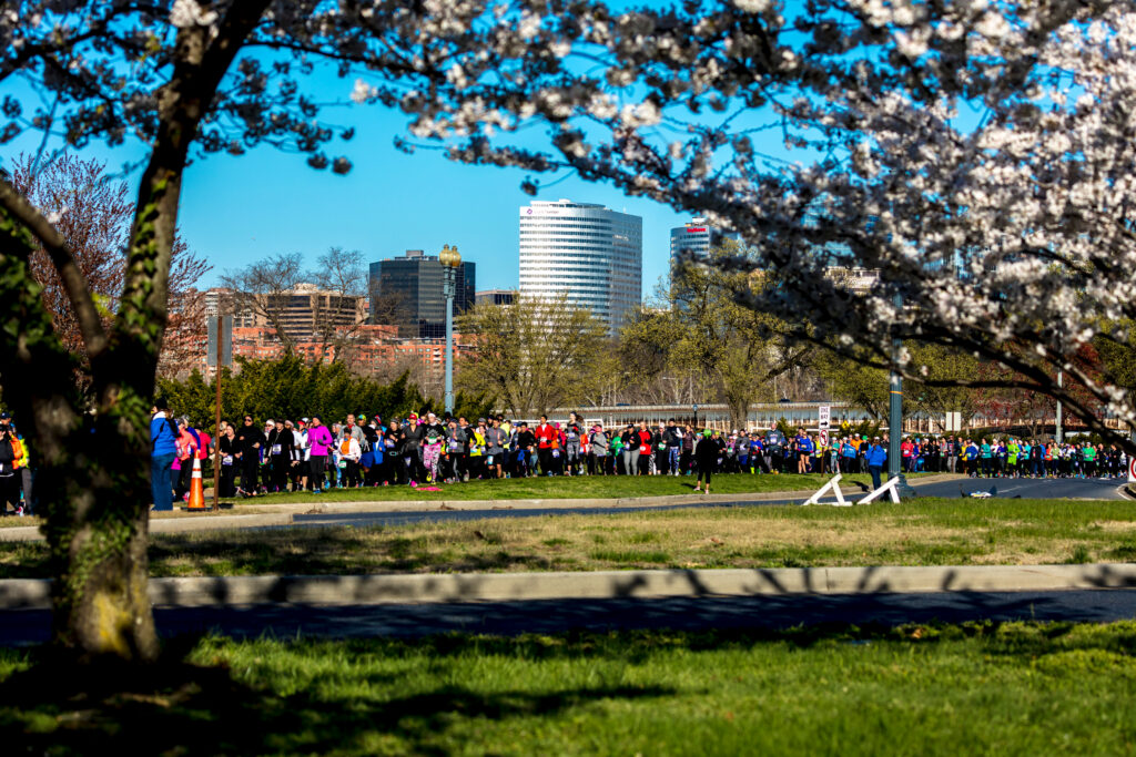 April 8, 2018 - WASHINGTON DC - Cherry Blossom 10 Mile Run, Washington D.C. with Rosslyn skyline in background