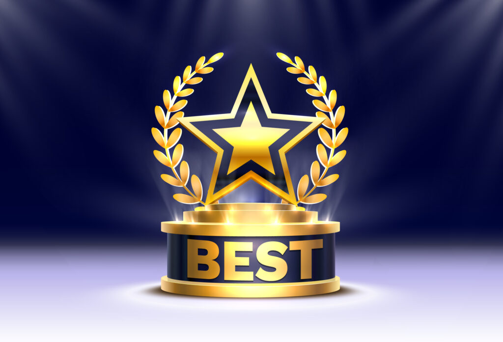 Best golden star cup winner, Stage Podium Scene with for Award Ceremony on Night Background. Vector illustration