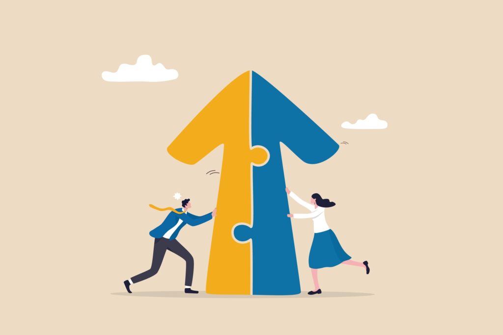 Merger and Acquisitions, partnership or work together, success puzzle, growth solution or cooperation, support or progress challenge concept, business people push arrow jigsaw to join to success.