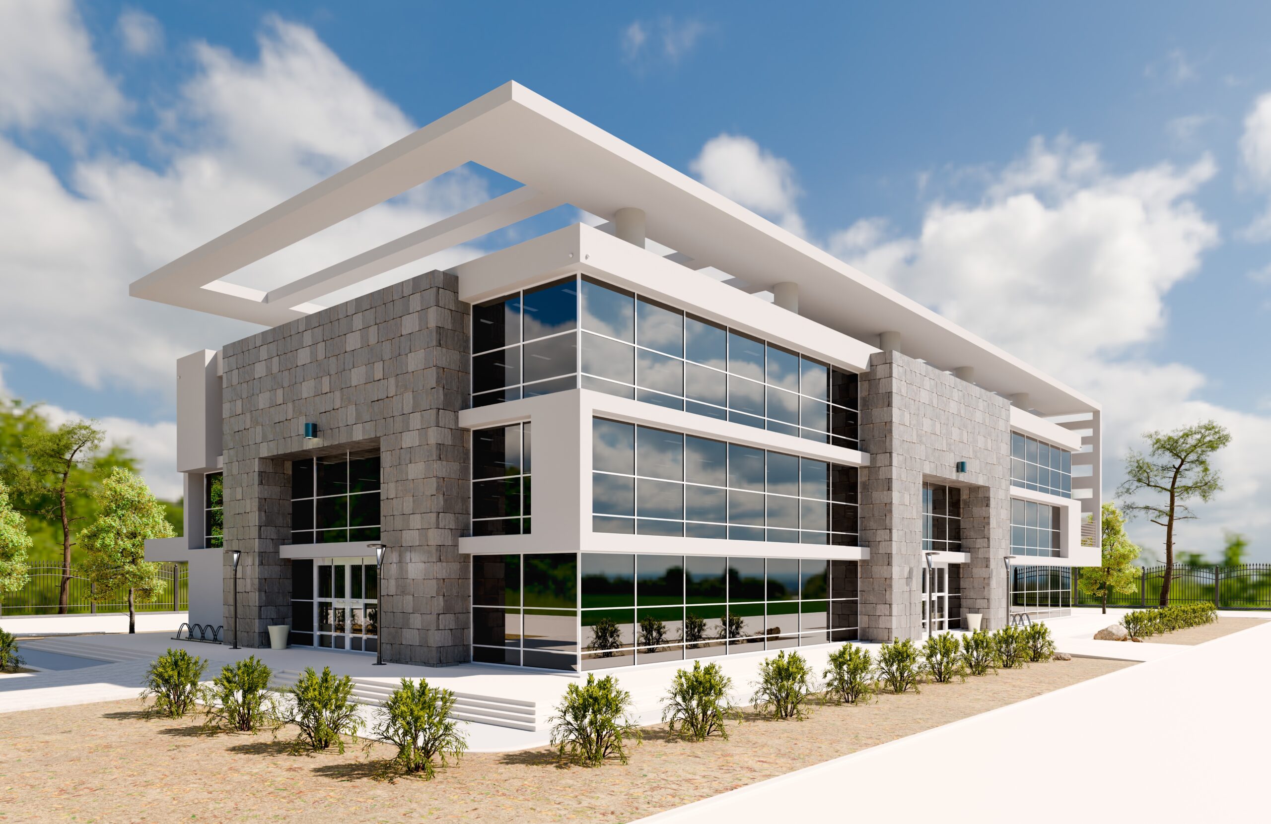 Beautiful New Contemporary Commercial Office Building. 3D Rendering.