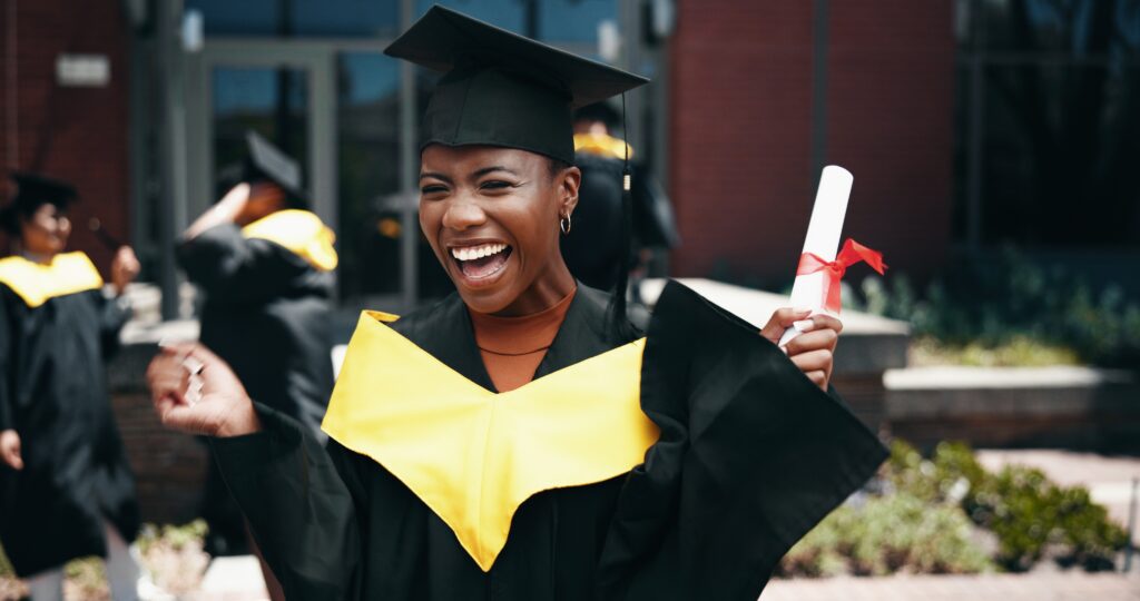 Graduation, portrait and woman with degree, excited and celebration of education, event or confident. Outdoor, success and person with certificate, university and cap for ceremony, joy or scholarship