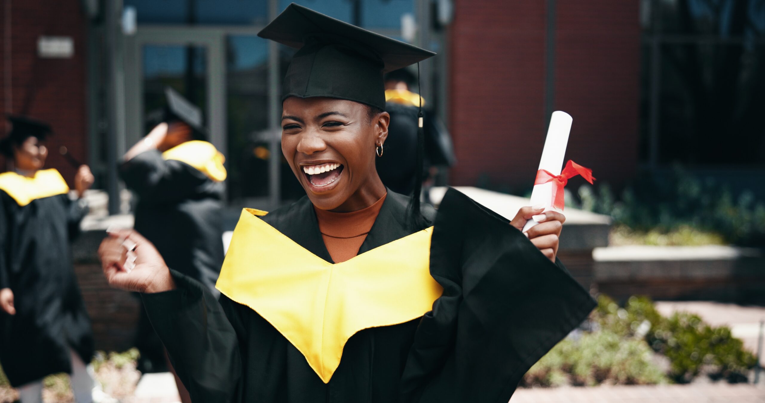 Graduation, portrait and woman with degree, excited and celebration of education, event or confident. Outdoor, success and person with certificate, university and cap for ceremony, joy or scholarship