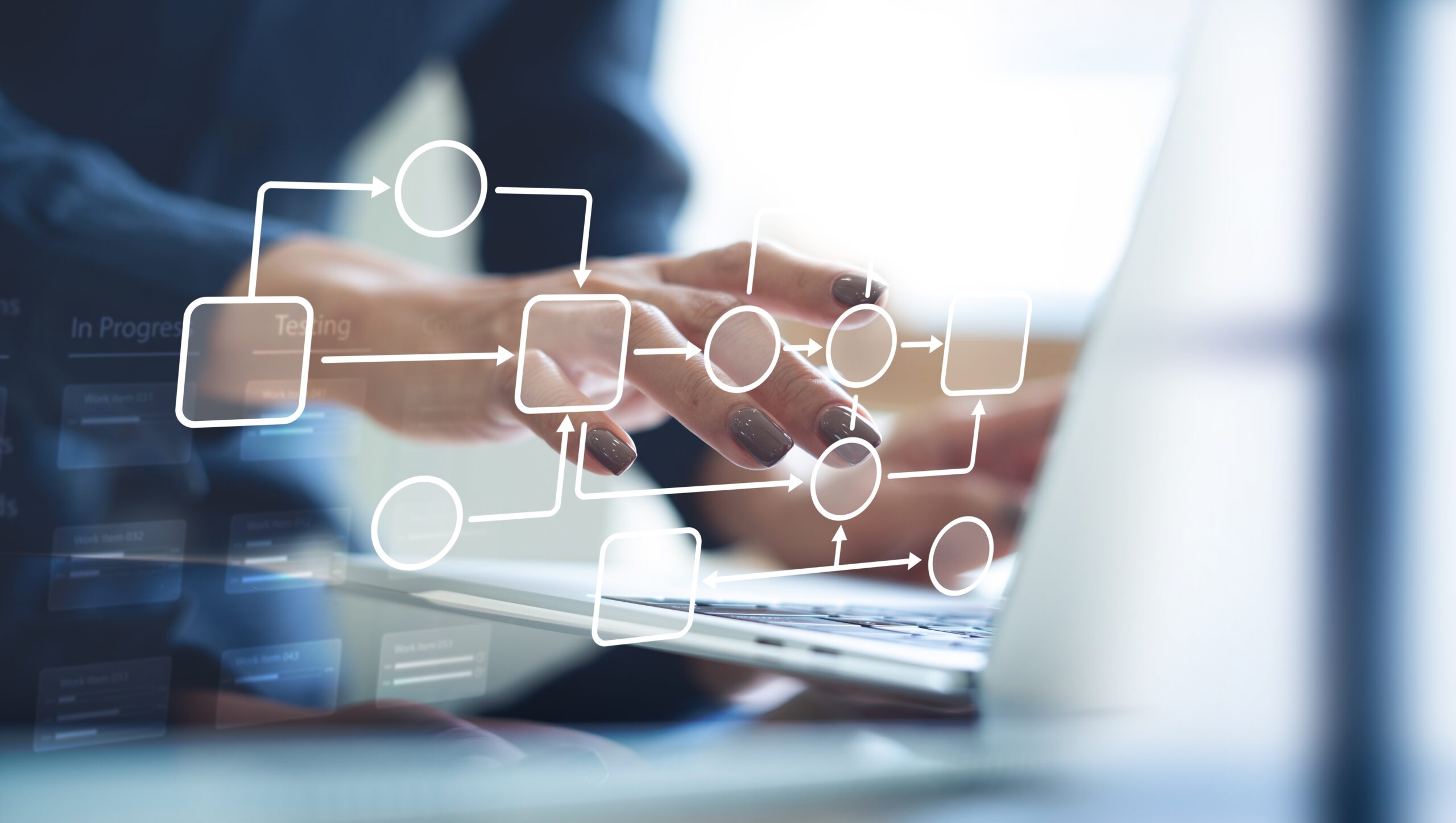 Business process, workflow automation with flowchart. Document management system framework, Enterprise content management, Working on laptop managing file data, workflow for business development