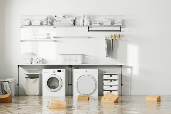 Water damage in the laundry room as a household insurance concept (3d illustration)