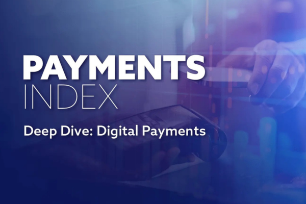 the words: payment Index Deep dive digital payments on a digital background with an outstretched arm holding a credit card machine