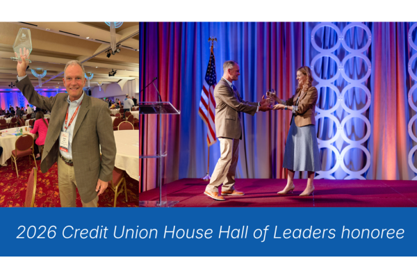 photos of Chris Felton being presented and holding up the 2026 Credit Union House Hall of Leaders honoree award