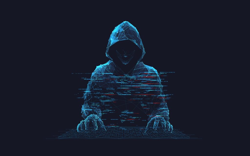 Abstract digital hacker. Cyber security concept. A man wearing a hoodie with a hidden face in front of a computer. Cyber attack and data hack. Fraud man. 3D Vector polygonal wireframe illustration.
