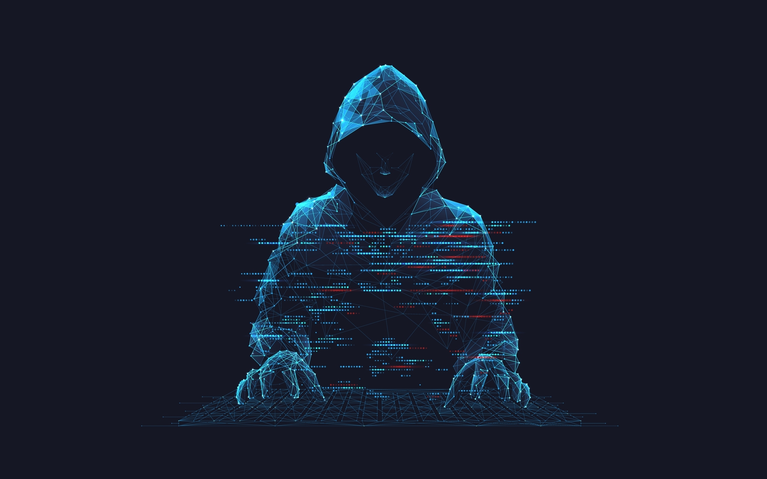 Abstract digital hacker. Cyber security concept. A man wearing a hoodie with a hidden face in front of a computer. Cyber attack and data hack. Fraud man. 3D Vector polygonal wireframe illustration.