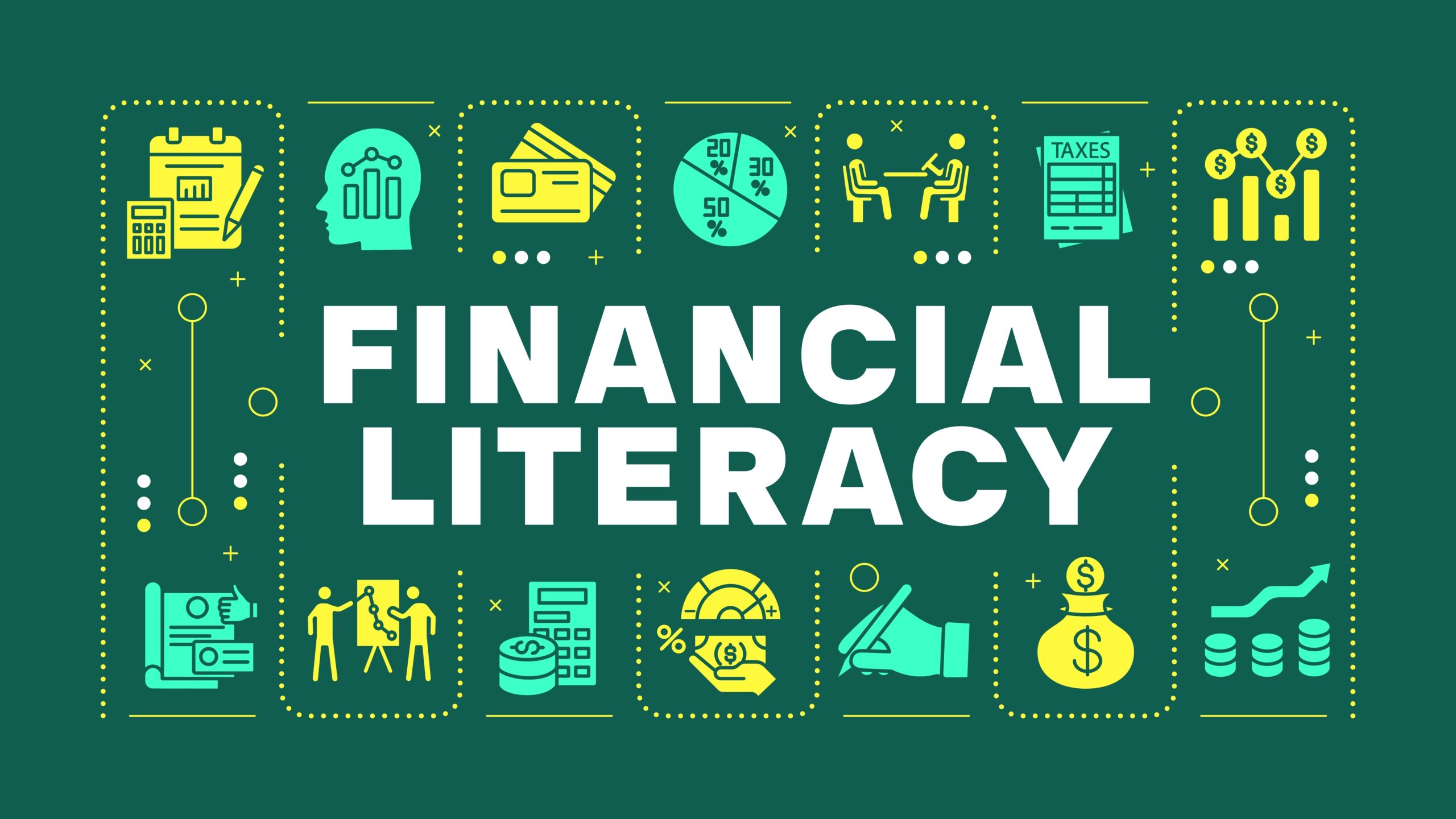 Financial literacy teal word concept. Family saving, paying bills. Personal finance. Visual communication. Vector art with lettering text, editable glyph icons
