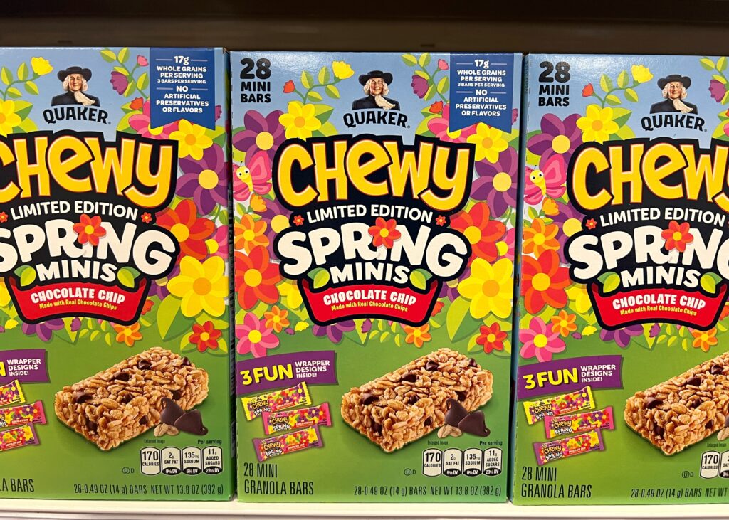 Alameda, CA - Feb 21, 2025: Supermarket with boxes of Quaker brand chewy Granola Bars. Limited spring mini edition for Easter holiday.