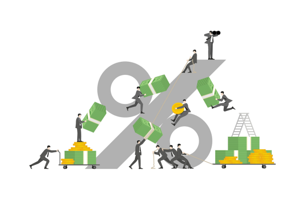 Business Teamwork for High Investment Returns and Interest Rate Growth with Corporate People on Percentage Symbol, Flat Vector Illustration.