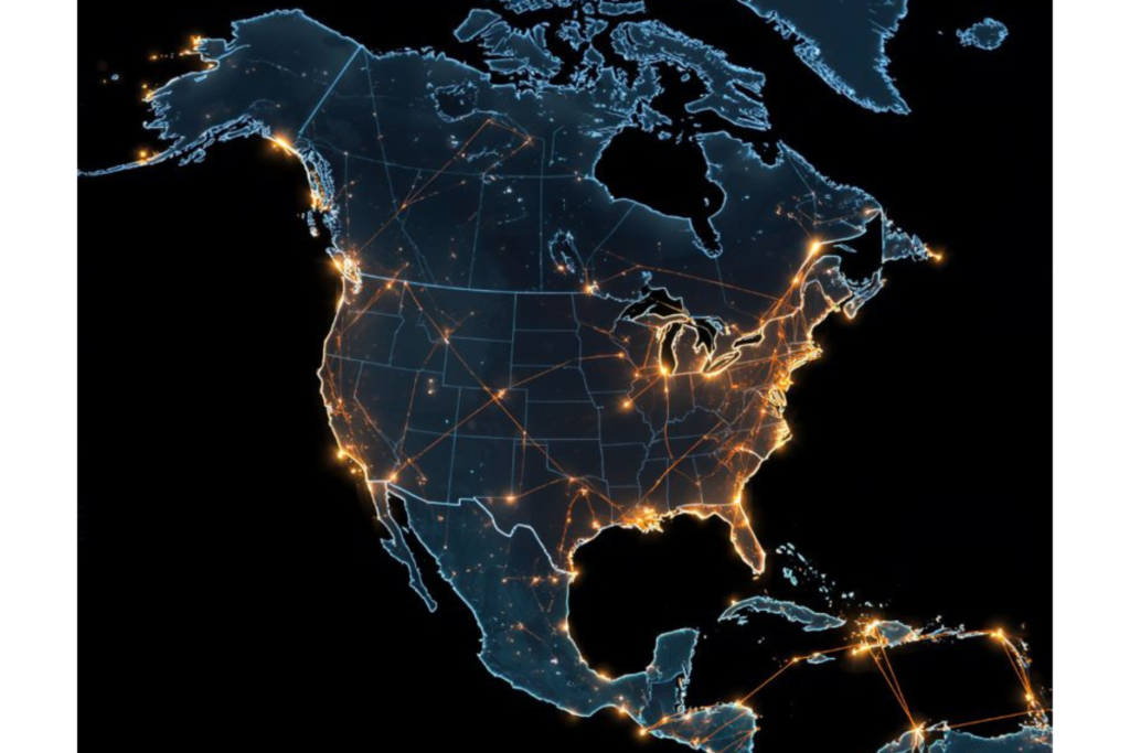outline of US and part of Mexico and Canada withheld lights and lines of light