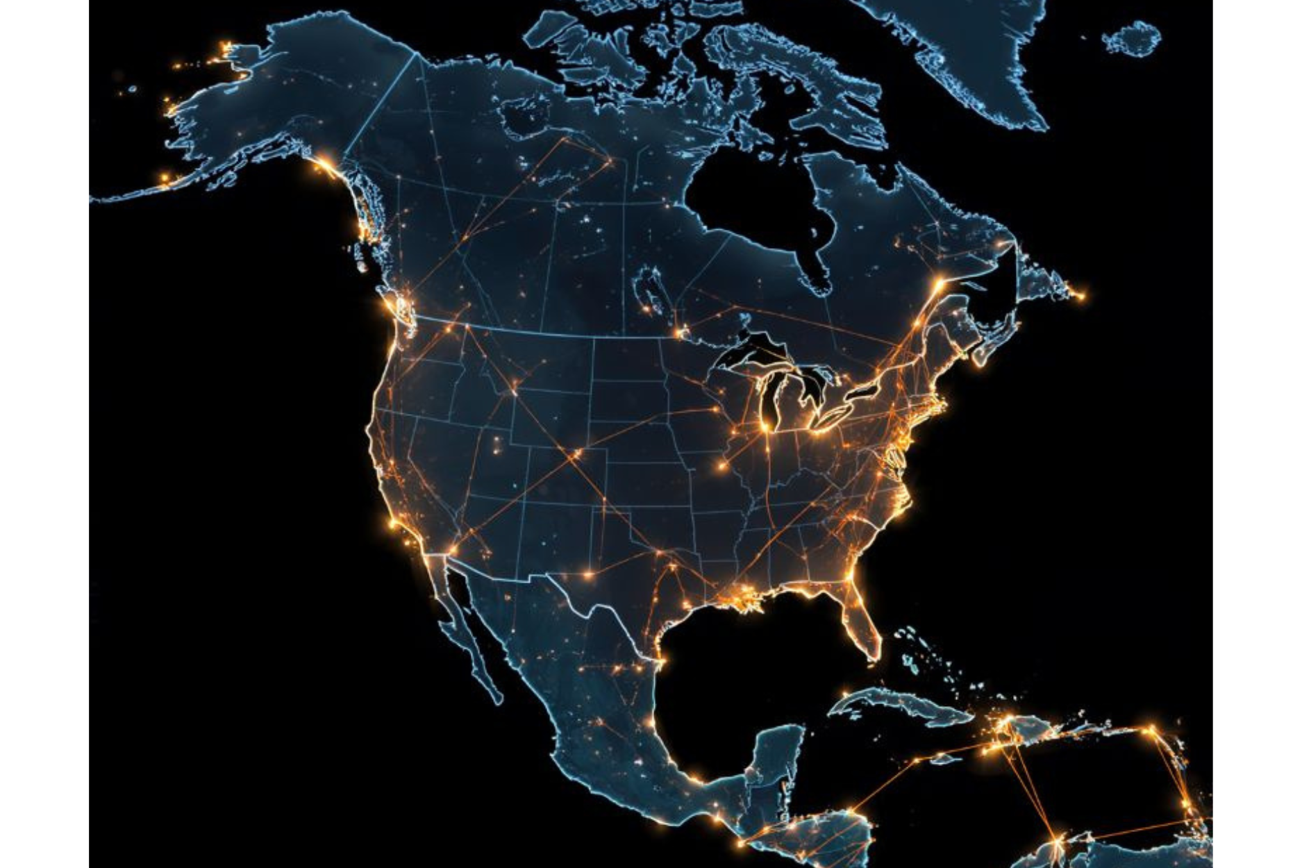 outline of US and part of Mexico and Canada withheld lights and lines of light