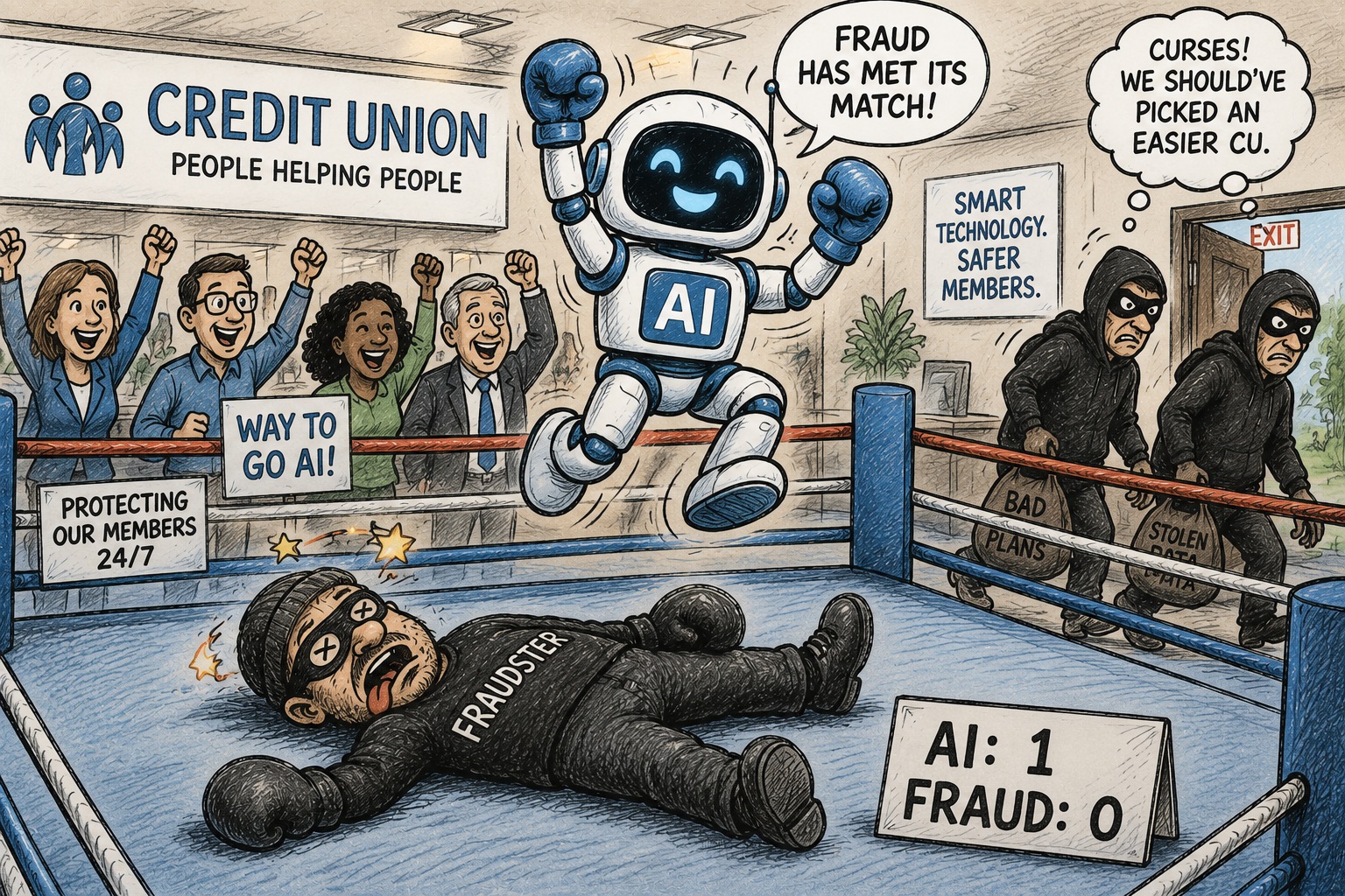 A cheerful AI robot, dressed like a victorious boxer with blue gloves and an "AI" logo on its chest, leaps into the air inside a credit union after defeating a fraudster in a boxing ring. The robot proudly raises its fists while saying, "FRAUD HAS MET ITS MATCH!" Lying flat on the boxing mat is the defeated fraudster, wearing black clothing labeled "FRAUDSTER." The character has cartoon X-shaped eyes, a dazed expression, and boxing gloves, emphasizing a complete knockout. A scoreboard in the corner reads: AI: 1 FRAUD: 0 Behind the ring, credit union employees and members enthusiastically celebrate with raised fists. Signs throughout the branch reinforce the message, including: "CREDIT UNION – PEOPLE HELPING PEOPLE" "WAY TO GO AI!" "PROTECTING OUR MEMBERS 24/7" "SMART TECHNOLOGY. SAFER MEMBERS." On the right side of the image, two disappointed masked criminals leave through an exit carrying bags labeled "BAD PLANS" and "STOLEN DATA." One thinks to himself: "CURSES! WE SHOULD'VE PICKED AN EASIER CU." The artwork uses a hand-drawn, colored-pencil cartoon style with soft blue and gray tones, giving it a playful, lighthearted feel while communicating the serious message that AI-powered fraud detection helps credit unions stop criminals and protect members around the clock.