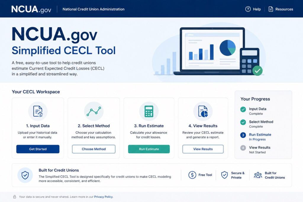 A clean, modern website landing page concept for the NCUA.gov Simplified CECL Tool, designed to help credit unions estimate Current Expected Credit Losses (CECL) through an easy-to-use digital platform.
