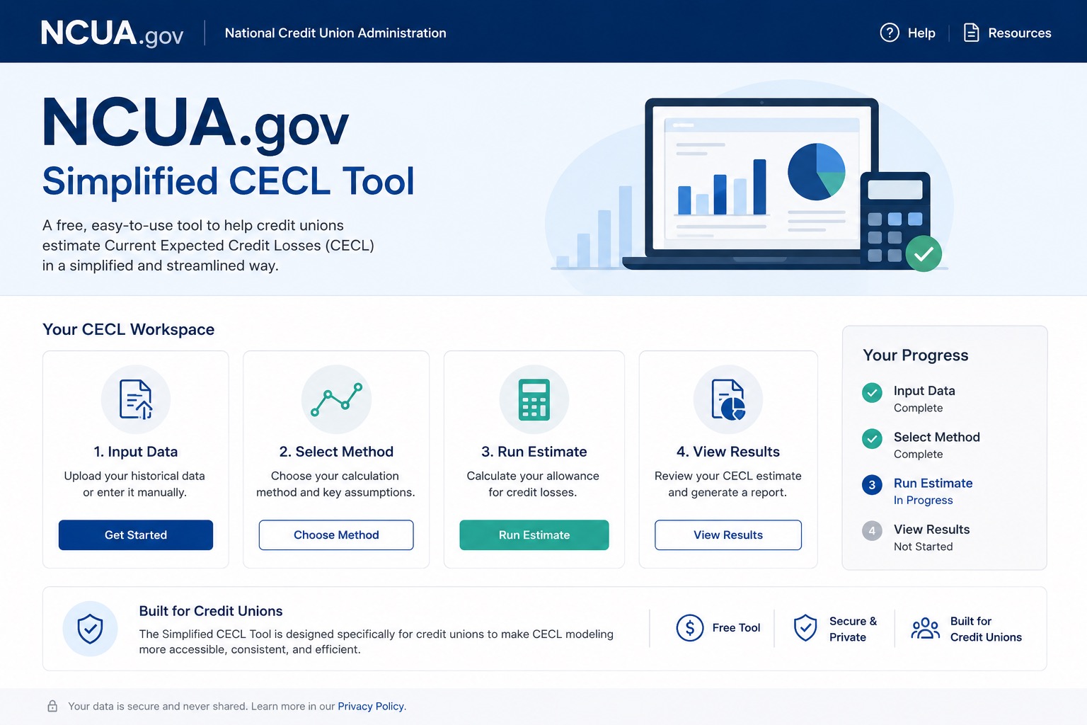 A clean, modern website landing page concept for the NCUA.gov Simplified CECL Tool, designed to help credit unions estimate Current Expected Credit Losses (CECL) through an easy-to-use digital platform.