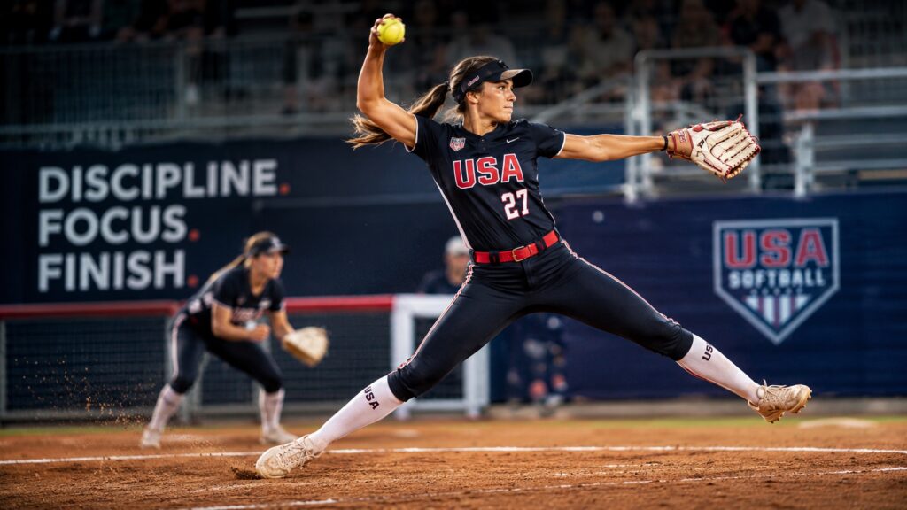 Professional Women's Fastpitch Softball Action Image This high-energy, horizontal sports image captures a female fastpitch softball pitcher in the middle of an explosive delivery during a competitive game. Main Subject At the center of the image, a professional softball pitcher is shown in full stride as she releases the ball. Her body is extended in a powerful pitching motion, with one leg stretched forward and the other trailing behind, demonstrating the athleticism and intensity unique to fastpitch softball. She wears a dark navy uniform with bold red and white accents, knee-high socks, a visor, and a fielding glove. Her focused expression reflects concentration, determination, and competitive drive. Action and Motion The image freezes a dramatic moment of action: The bright yellow softball is visible in the pitcher's hand during release. Dirt kicks up from the pitching circle beneath her cleats. Motion blur and dynamic body positioning emphasize speed and power. The athlete's ponytail trails behind her, adding to the sense of movement. Background The scene takes place in a well-lit stadium during a game. The background is softly blurred to keep attention on the pitcher while still conveying a professional sports atmosphere. A defensive infielder is visible in a ready position behind the pitcher, reinforcing the game setting. Motivational Elements Large bold text appears on the left side of the image: DISCIPLINE. FOCUS. FINISH. These words reinforce themes of dedication, perseverance, and peak athletic performance. A softball emblem and stadium graphics are visible in the background, contributing to the professional sports branding and championship feel. Overall Mood The image conveys: Strength Determination Precision Athletic excellence Women's sports empowerment The composition creates a powerful visual representation of elite fastpitch softball and the discipline required to compete at the highest level.