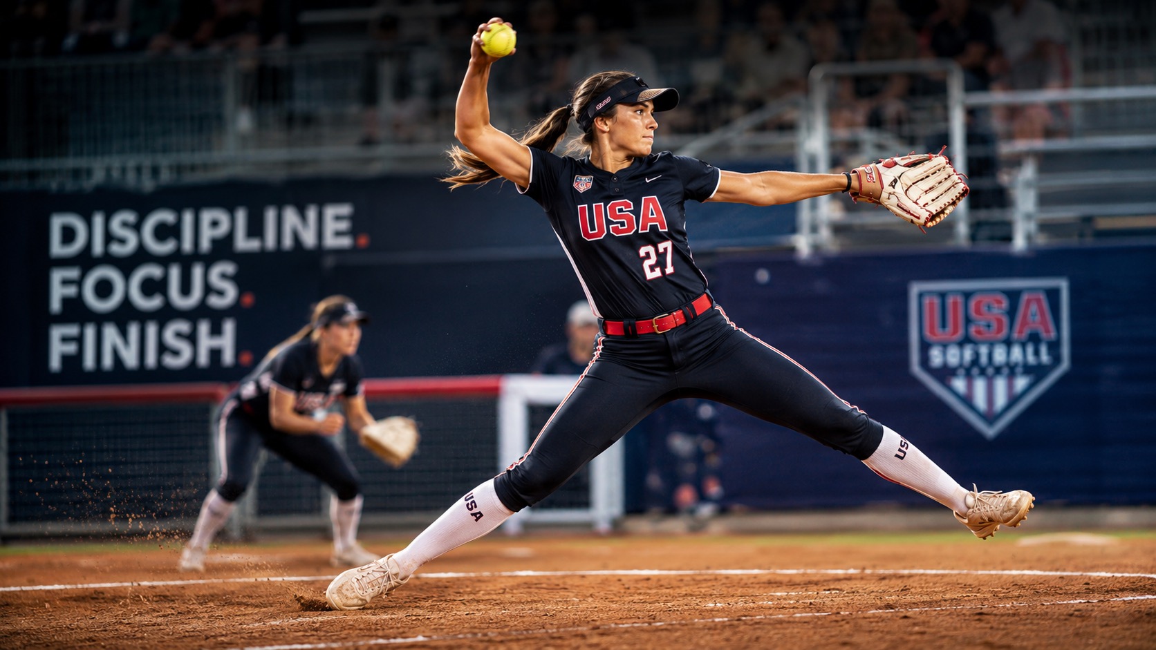 Professional Women's Fastpitch Softball Action Image This high-energy, horizontal sports image captures a female fastpitch softball pitcher in the middle of an explosive delivery during a competitive game. Main Subject At the center of the image, a professional softball pitcher is shown in full stride as she releases the ball. Her body is extended in a powerful pitching motion, with one leg stretched forward and the other trailing behind, demonstrating the athleticism and intensity unique to fastpitch softball. She wears a dark navy uniform with bold red and white accents, knee-high socks, a visor, and a fielding glove. Her focused expression reflects concentration, determination, and competitive drive. Action and Motion The image freezes a dramatic moment of action: The bright yellow softball is visible in the pitcher's hand during release. Dirt kicks up from the pitching circle beneath her cleats. Motion blur and dynamic body positioning emphasize speed and power. The athlete's ponytail trails behind her, adding to the sense of movement. Background The scene takes place in a well-lit stadium during a game. The background is softly blurred to keep attention on the pitcher while still conveying a professional sports atmosphere. A defensive infielder is visible in a ready position behind the pitcher, reinforcing the game setting. Motivational Elements Large bold text appears on the left side of the image: DISCIPLINE. FOCUS. FINISH. These words reinforce themes of dedication, perseverance, and peak athletic performance. A softball emblem and stadium graphics are visible in the background, contributing to the professional sports branding and championship feel. Overall Mood The image conveys: Strength Determination Precision Athletic excellence Women's sports empowerment The composition creates a powerful visual representation of elite fastpitch softball and the discipline required to compete at the highest level.