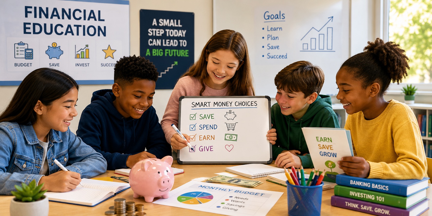 This bright, welcoming classroom scene depicts five elementary school-aged children enthusiastically participating in a financial literacy lesson. Gathered around a table, the students are smiling, collaborating, and engaged in hands-on activities designed to teach smart money habits. At the center of the group, one student holds a whiteboard titled "Smart Money Choices," illustrating four key financial concepts: Save, Spend, Earn, and Give, each paired with a simple icon such as a piggy bank, shopping cart, dollar bill, and heart. The children appear attentive and excited as they discuss the lesson together. The classroom is filled with colorful financial education materials. On the walls are posters labeled "Financial Education" and "A Small Step Today Can Lead to a Big Future," along with a goals chart highlighting Learn, Plan, Save, and Succeed. Educational graphics featuring budgeting, saving, investing, and financial growth reinforce the classroom's money management theme. The table is covered with learning tools including notebooks, colored markers, a monthly budget worksheet with a pie chart, a small stack of cash, coins, and a pink piggy bank, giving students practical examples of saving and budgeting. One student reads a booklet titled "Earn, Save, Grow," while nearby books feature topics such as banking, investing, and smart financial habits. Warm natural light streams through large classroom windows, creating an inviting and optimistic atmosphere. The overall image conveys collaboration, confidence, and curiosity while emphasizing the importance of teaching children essential financial skills such as budgeting, saving, earning, investing, and responsible spending from an early age.