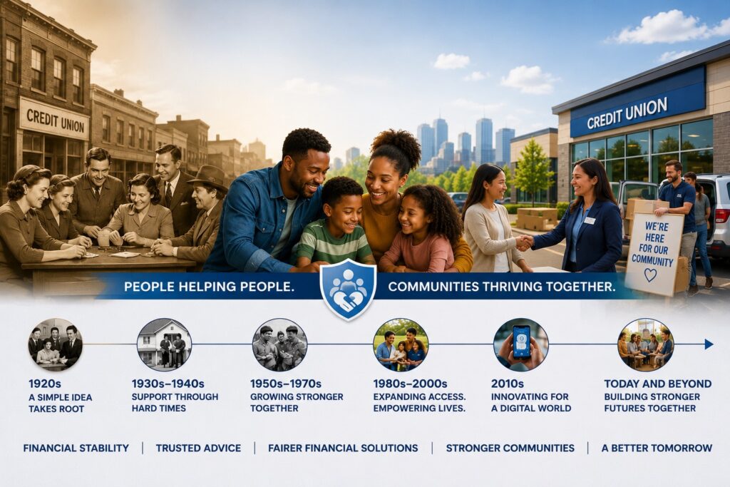 Credit Unions Through the Generations This wide, panoramic image illustrates the enduring role of credit unions in strengthening American families and communities across generations. The composition blends historical and modern scenes to symbolize more than a century of service, trust, and community impact. Left Side: Historical Roots The left portion of the image is rendered in warm sepia tones, depicting an early 20th-century main street with a neighborhood credit union. Community members are gathered around a table, representing the cooperative spirit and local financial support that helped establish the credit union movement during its earliest years. Center: Today's Families At the heart of the image, a smiling multigenerational family gathers together, symbolizing the people-first mission of credit unions. Parents and children share a joyful moment, representing financial security, opportunity, and the importance of building strong financial futures for the next generation. Right Side: Modern Community Impact The right side transitions into a vibrant contemporary scene featuring a modern credit union branch. A credit union employee warmly greets a community member with a handshake while volunteers unload boxes from a vehicle beside a sign reading "We're Here for Our Community." The scene highlights the role credit unions play beyond financial services through volunteerism, local partnerships, and community support. Central Banner A bold blue banner stretches across the center of the image featuring a shield emblem with a family icon. On either side of the emblem are the phrases: People Helping People. Communities Thriving Together. These statements emphasize the cooperative philosophy that defines credit unions. Historical Timeline Running across the lower third is a visual timeline illustrating the evolution of credit unions through key eras: 1920s: A simple idea takes root. 1930s–1940s: Support through hard times. 1950s–1970s: Growing stronger together. 1980s–2000s: Expanding access and empowering lives. 2010s: Innovating for a digital world. Today and Beyond: Building stronger futures together. Each milestone is represented by a circular photograph that reflects the people and communities served during that period. Foundation Themes Across the bottom of the image, five core principles reinforce the lasting mission of credit unions: Financial Stability Trusted Advice Fairer Financial Solutions Stronger Communities A Better Tomorrow Overall Mood The image conveys continuity, resilience, and optimism. By blending historic imagery with modern families and community engagement, it illustrates how credit unions have evolved alongside the people they serve while remaining committed to cooperative values, financial inclusion, and helping communities thrive across generations.